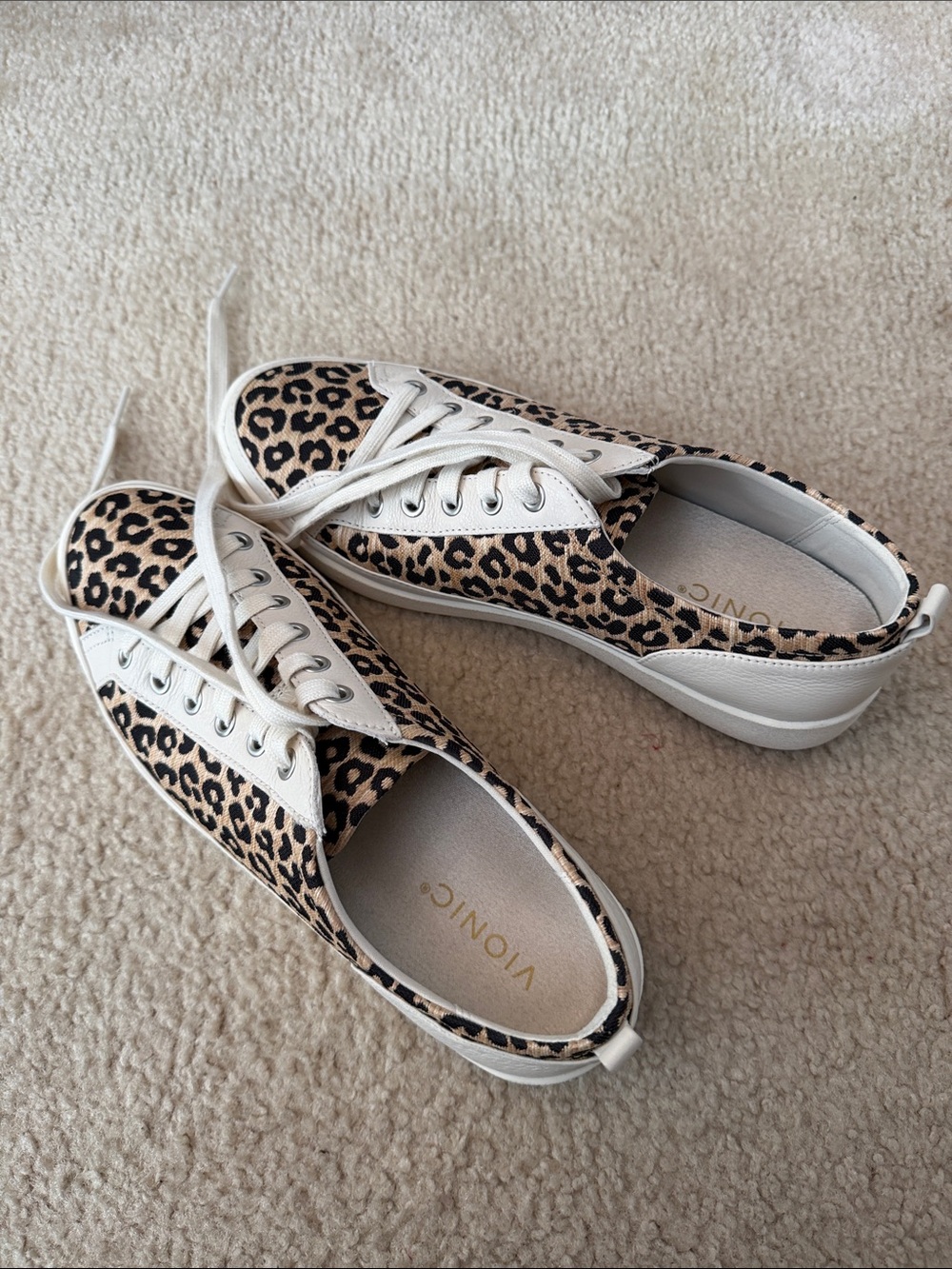 Vionic Leopard-Print Lace-Up Sneaker in Tan and Black with Cream Accents